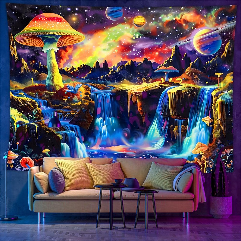 Blacklight Tapestry UV Reactive Glow in the Dark Glow Party Neon Galaxy Universe Mushrooms Psychedelic Trippy Misty Hanging Tapestry Wall Art Mural for Living