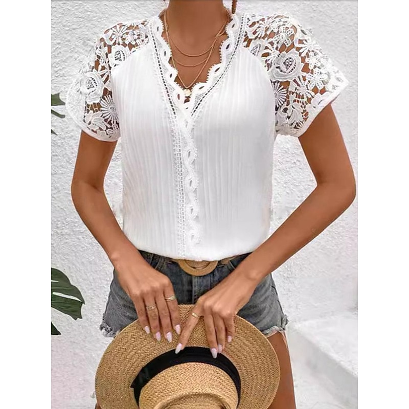Women's White Elegant Lace Tops Eyelet Blouse Daily Stylish Plain Regular Tops Short Sleeve V Neck Lace Regular Fit Vacation Daily Romantic Petite Tops Summer Holiday Wear White Summer Spring Fall3