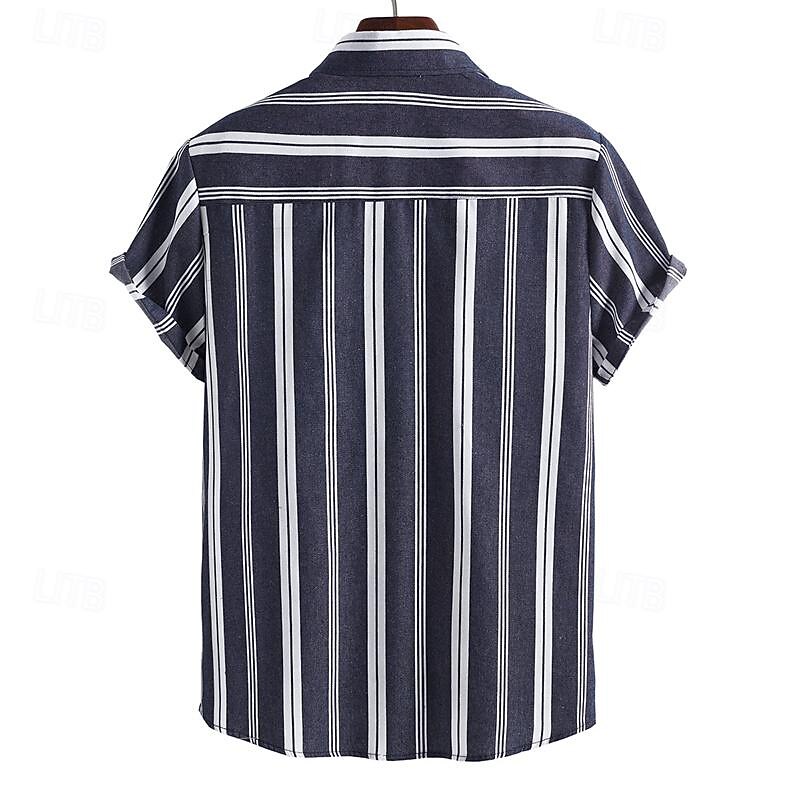 Men's Shirt Summer Shirt Casual Shirt Beach Shirt Button Up Shirt Striped Shirts Navy Blue Short Sleeve Stripes Turndown Vacation Hawaiian Clothing Apparel Polyester Fashion Casual Comfortable3