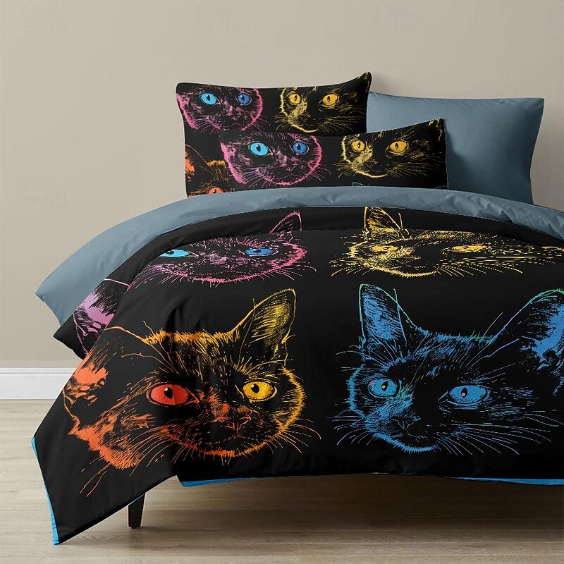 100% Cotton Colorful Cat Duvet Cover 3-Piece Set Plush Cloth for Summer Soft Skin Friendly Long Lasting Comfy Lightweight