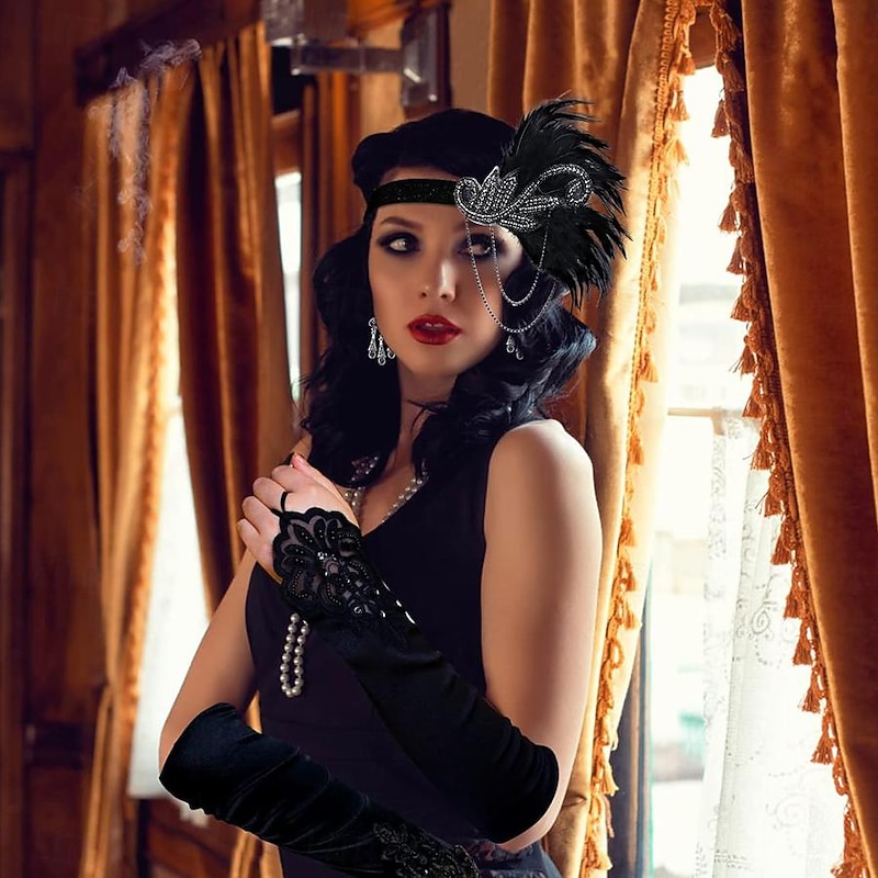 1920s The Great Gatsby Outfits Flapper Headband The Great Gatsby Wedding Guest Collarless Fancy Dress Women's Halloween Carnival Masquerade Party Masquerade Wedding Reception Adults' Gloves Necklace2