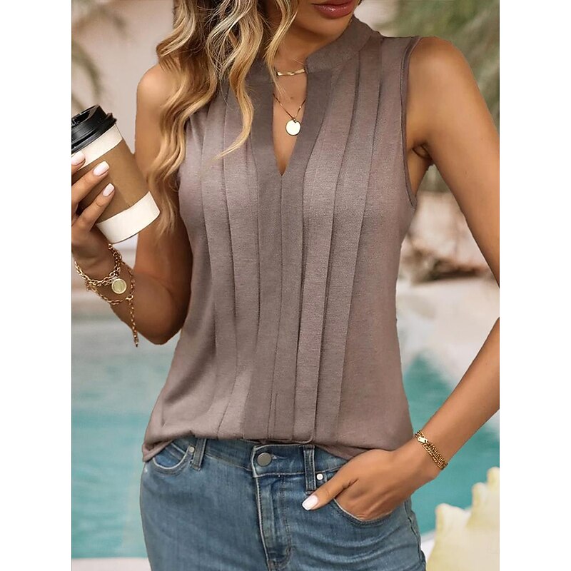 Women's Camisole Tank Top Sleeveless Draped V-Neck Taupe Textured Lightweight Elegant Summer Top Casual to Formal Versatile Wear3