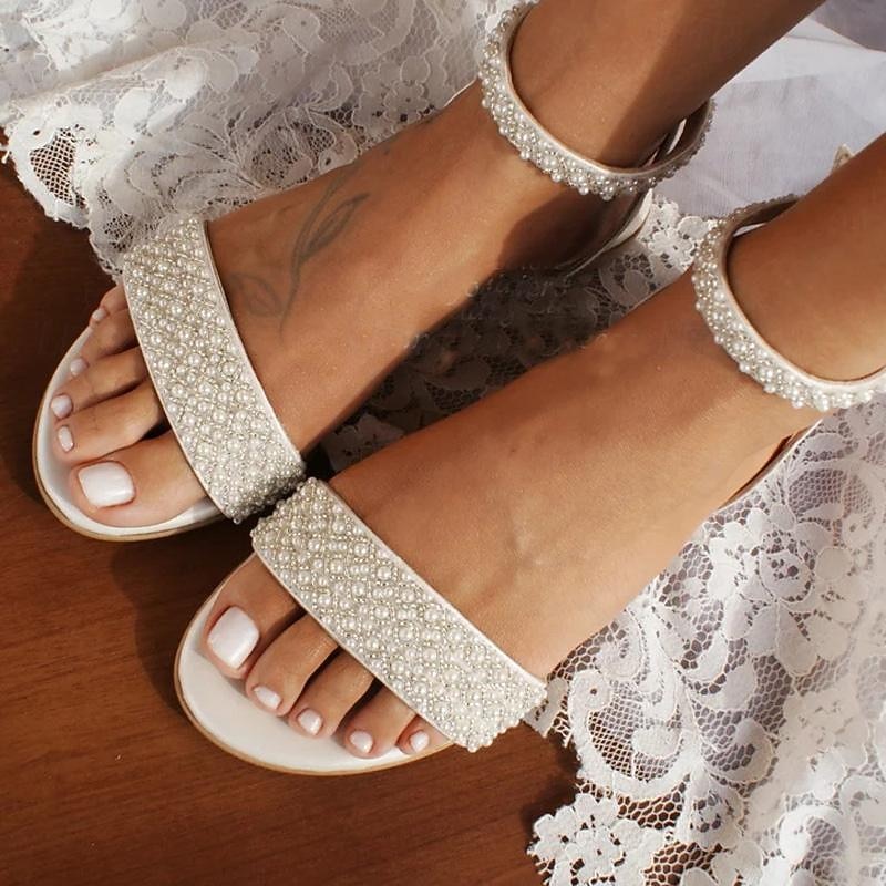 Women's Ivory Rhinestone Wedding Sandals - Elegant Bridal Flats with Ankle Strap for Special Occasions3