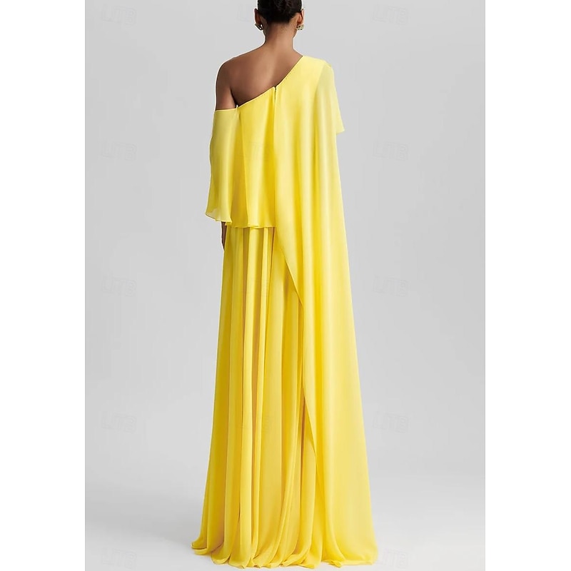 A-Line Evening Gown Elegant Dress Beach Wedding Formal Wedding Guest Floor Length Sleeveless One Shoulder Stretch Chiffon with Ruffles Slit2