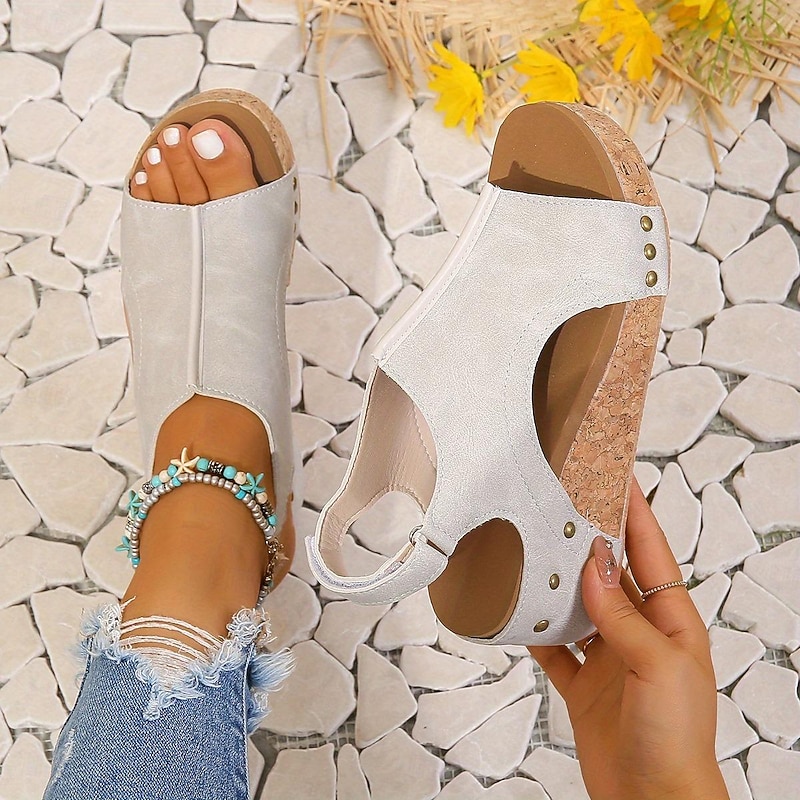 Women's Platform Wedge Sandals Peep Toe Hook & Loop Slingback Shoes Wood Grain Sole Sandals Beige Brown Black Sandals 6