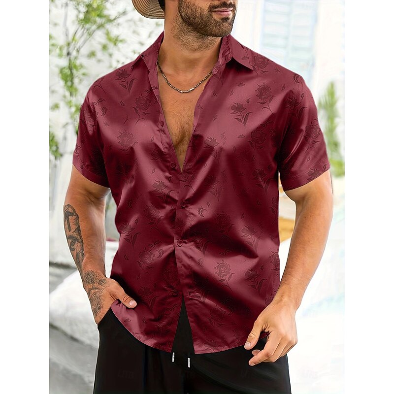 Men's Shirt Satin Shirt Summer Shirt Beach Wear Button Up Shirt Casual Shirt Black Red Green Short Sleeve Plain Collar Daily Vacation Clothing Apparel Fashion Casual Comfortable4