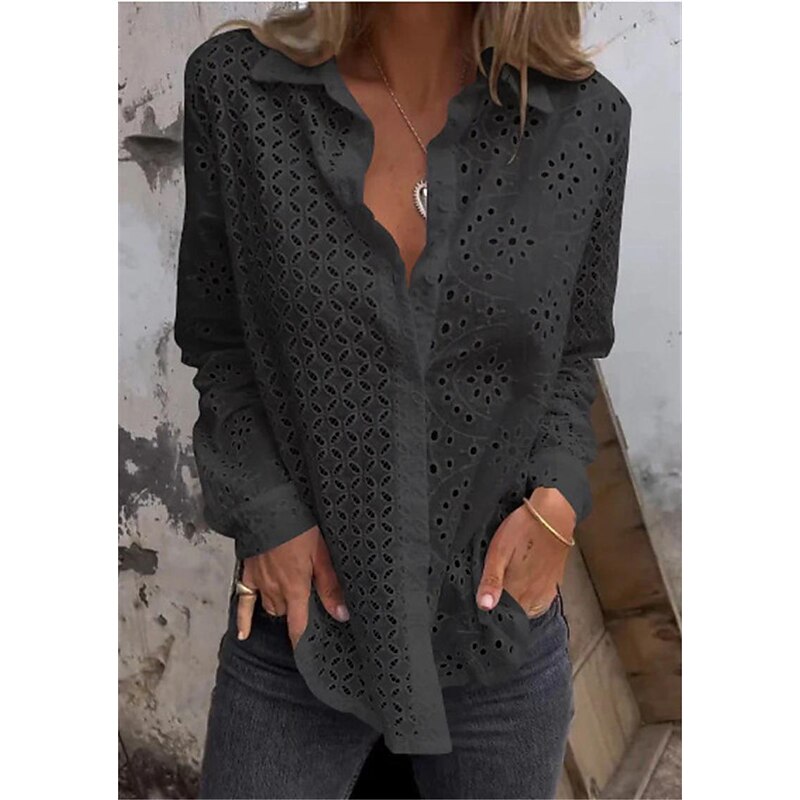 Women's White Elegant Lace Tops Eyelet Blouse Plain Button Cut Out Street Daily Fashion Shirt Collar Regular Fit Romantic Petite Tops Summer Holiday Wear Black White Red3