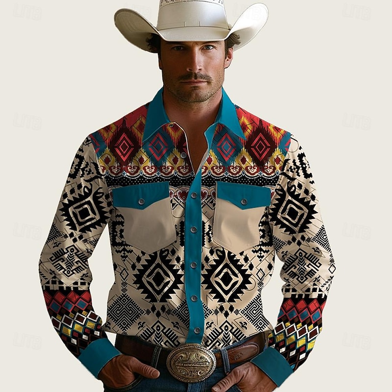 Men's Tribal Southwestern Print Western Shirt Cowboy Shirt Long Sleeve Western Style Tribal Outdoor Summer Spring Fall Shirt Collar Black Brown Khaki
