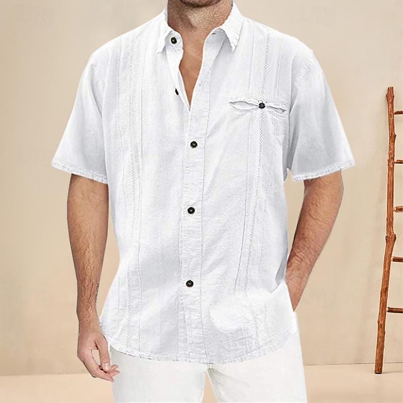 Men's Shirt Cotton Linen Shirt Casual Shirt Plain Vacation Casual White Green Khaki Short Sleeve Lapel Summer Clothing Apparel Pocket