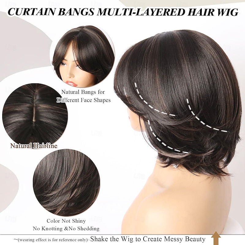 Short Layered Wigs With Curtain Bangs Brown BOB Layered Wigs for Women Short Wavy Layered Wigs Hair Pixie Cut Layered Wig Soft Synthetic Hair Wigs2