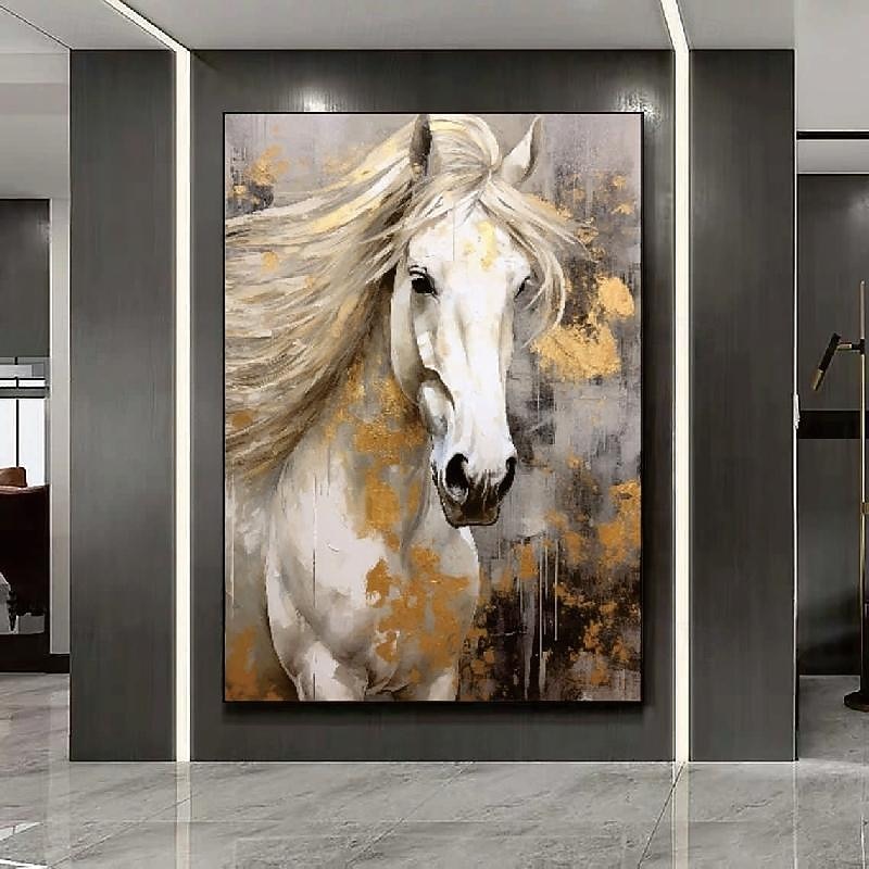 White gold Horse Oil Painting 100% Handmade Horse Portrait Gold Leaf animal horse Painting Acrylic animal Oil Painting Abstract Animal Painting Modern Painting2