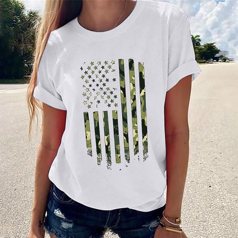 Women's T Shirt USA Casual Short Sleeve Round Neck Regular Tops Vacation Independence Day Print Black White Green Gray Summer