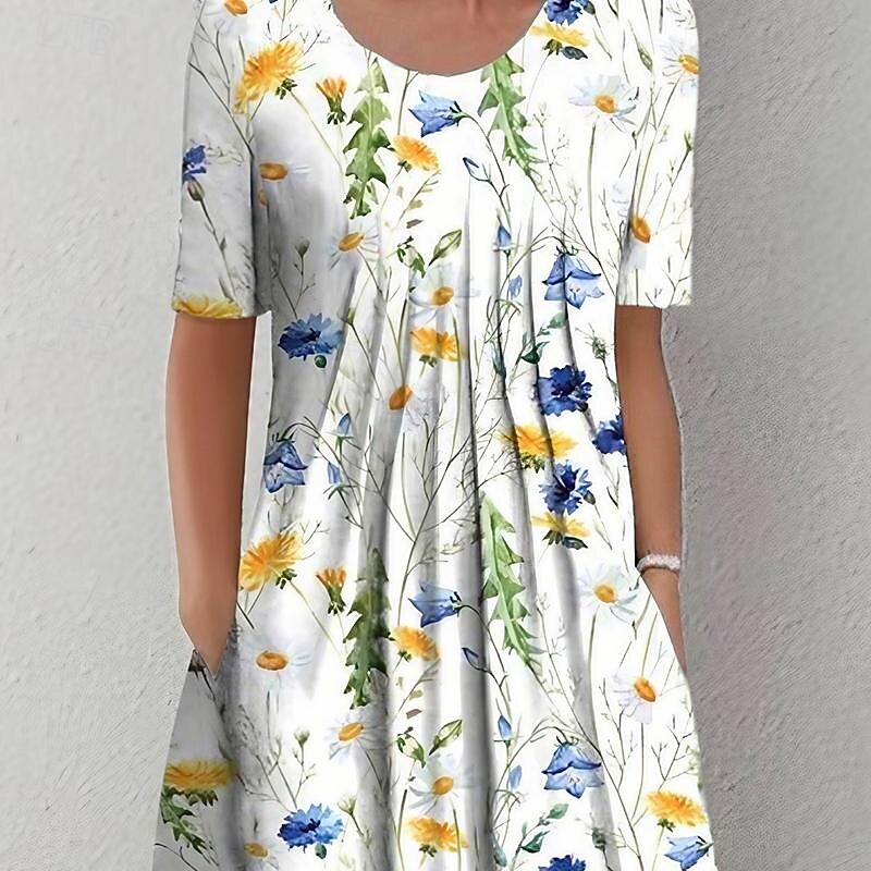 Women's Midi Dress Casual Dress Shift Dress Floral Ruched Pocket Crew Neck Elegant Casual Daily Vacation Short Sleeve Summer Spring3