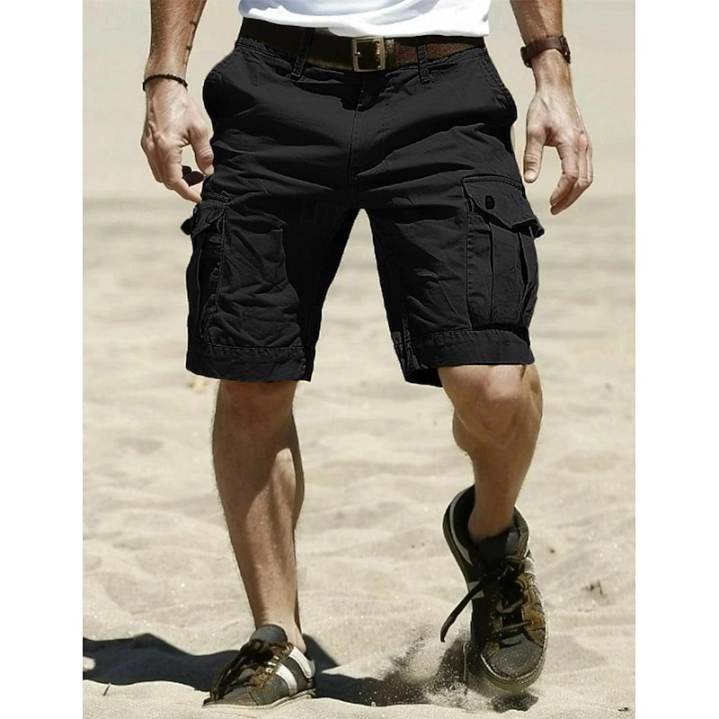 Men's Cargo Shorts Shorts Bermuda shorts Multi Pocket Straight Leg Solid Colored Wearable Outdoor Knee Length Outdoor Casual Beach Classic Black Khaki High Waist Inelastic2