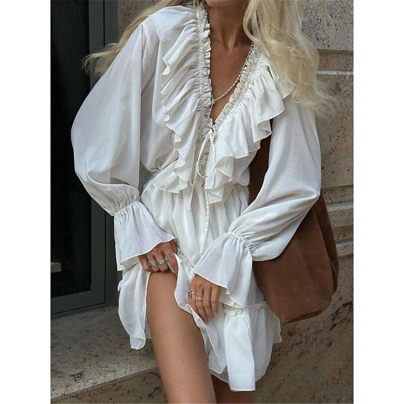 Women's White Dress Mini Dress Ruffle Date Vacation Streetwear Casual V Neck Long Sleeve White Color