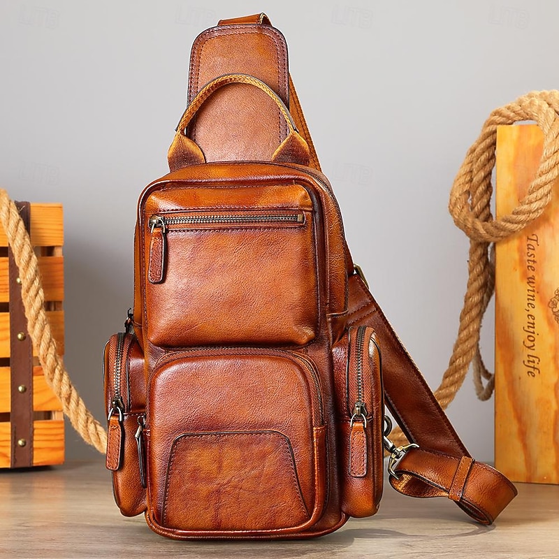 Men's Crossbody Bag Chest Bag Cowhide Office Daily Adjustable Large Capacity Multi Carry Dark Brown