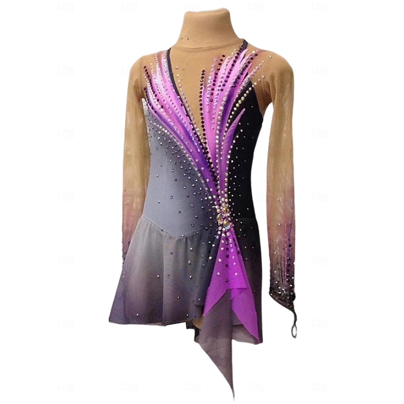 Figure Skating Dress Women's Girls' Ice Skating Dress Dusty Rose Patchwork Thumbhole Mesh Spandex Stretchy Training Practice Professional Skating Wear Crystal / Rhinestone Long Sleeve Ice Skating
