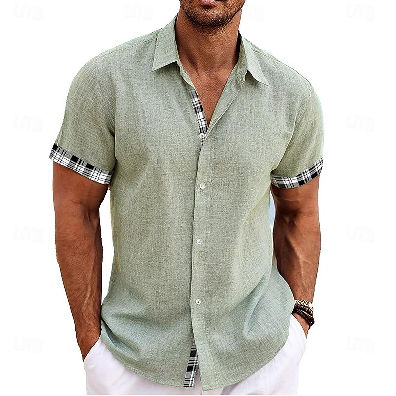Men's Linen Shirt Beach Shirt Plaid Checkered Outdoor Casual Pink Green Short Sleeve Stand Collar Summer Spring Clothing Apparel Print