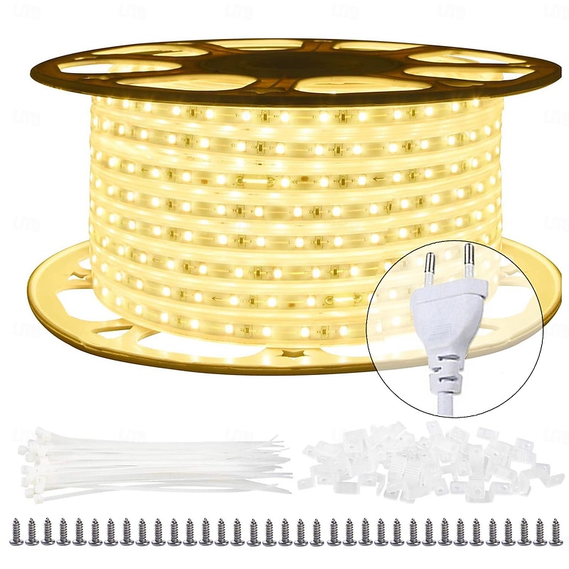 LED Outdoor Strip Light AC220V Waterproof IP67 Light Strip EU Plug Flexible Rope Light 5050 60 LED/M High Brightness Suitable for Indoor and Outdoor Commercial Lighting Decoration Including Installat2
