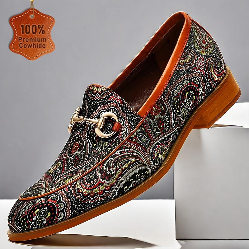 Men's Loafers & Slip-Ons Print Shoes Formal Shoes Dress Shoes Leather Italian Full-Grain Cowhide Comfortable Slip Resistant Loafer Red Brown