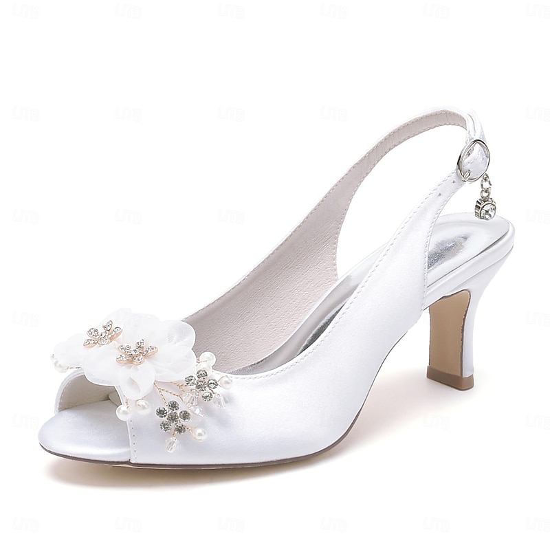Women's Wedding Shoes Sandals Ladies Shoes Valentines Gifts White Shoes Wedding Party Daily Wedding Sandals Bridal Shoes Bridesmaid Shoes Rhinestone Satin Flower Chunky Heel Peep Toe Elegant Fashion