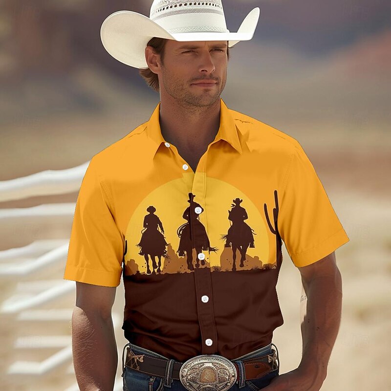 Men's Horse Shirt Western Shirt Cowboy Shirt Short Sleeve Western Style Tribal Outdoor Summer Spring Shirt Collar Yellow