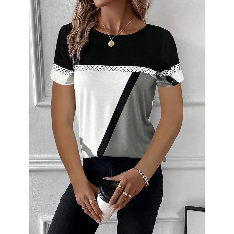 Women's T Shirt Color Block Fashion Short Sleeve Round Neck Regular Tops Daily Weekend Print Gray Summer
