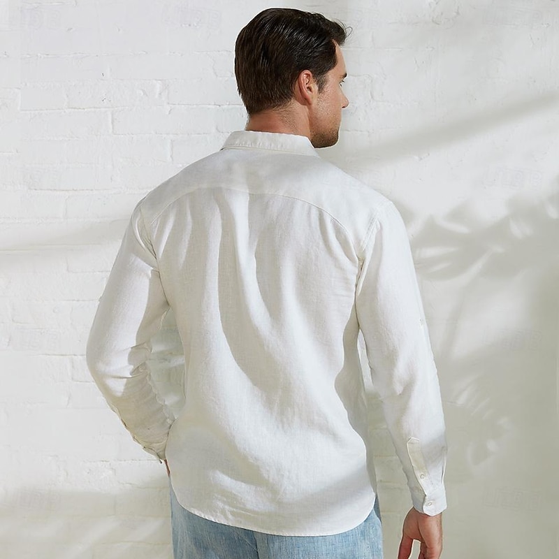 Men's 100% Linen Shirt Button Up Shirt Beach Shirt White Long Sleeve Plain Lapel Spring &  Fall Daily Vacation Clothing Apparel4