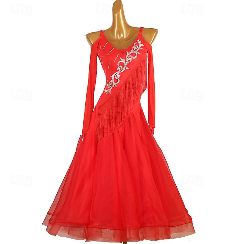 Ballroom Dance Dress Rhinestone Pure Color Women's Performance Training Long Sleeve High Chinlon Organza Tulle
