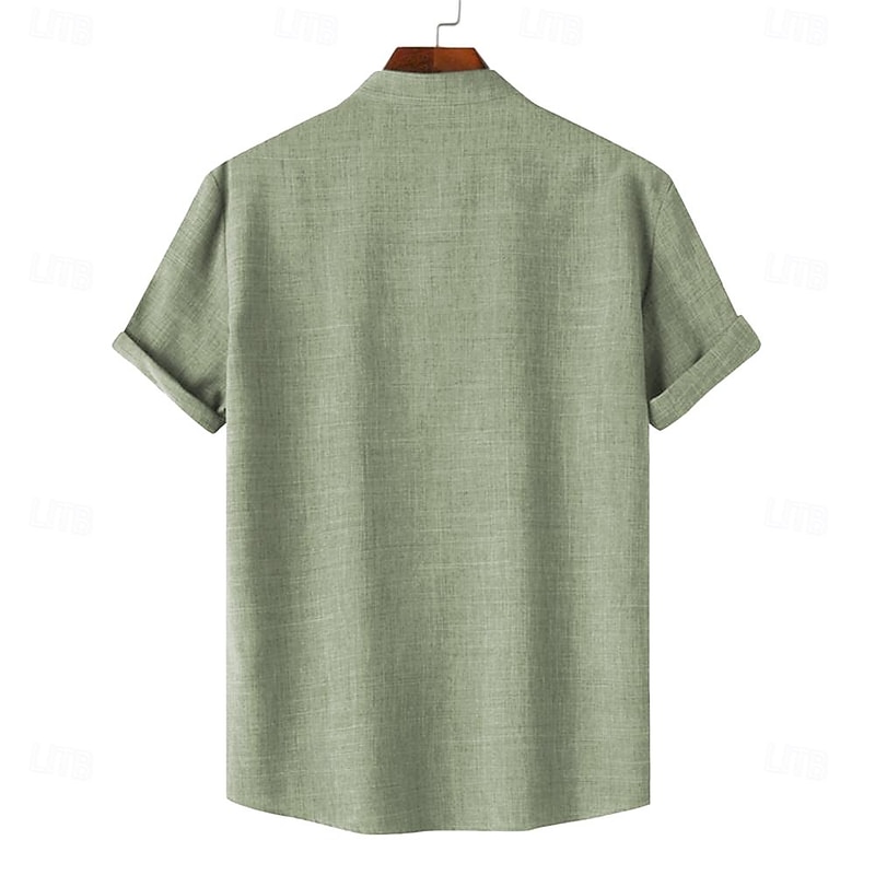 Men's Shirt Button Up Shirt Short Sleeve Vintage Casual Tribal Vacation Daily Summer Spring Band Collar Print Green Khaki Beige 5