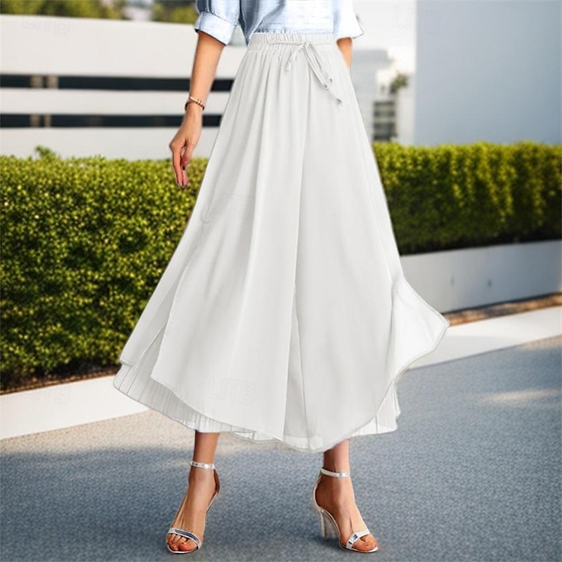 Women's Normal Wide Leg Swing Skort Elegant Casual Daily Ankle-Length High Waist Solid Colored Pleated Patchwork Elastic Waist Comfortable Micro-elastic Daily Wear Casual Daily Black White Blue2