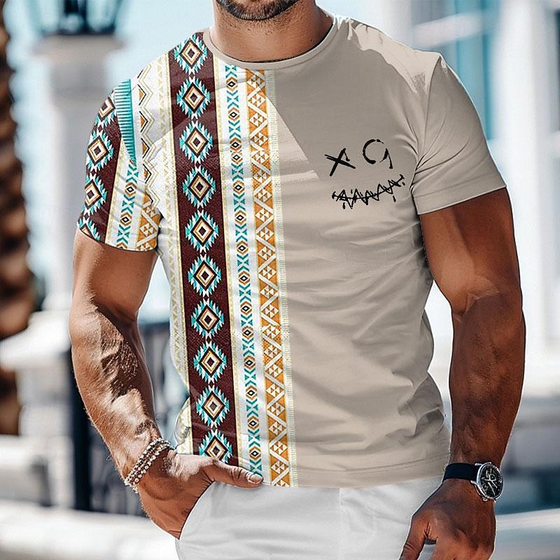Men's Tribal Grimace T Shirt T shirt 3D Print Crew Neck Shirt Vacation Daily Ethnic Sports Outdoor Casual Daily White Khaki Summer Spring Clothing Apparel S M L XL XXL XXXL