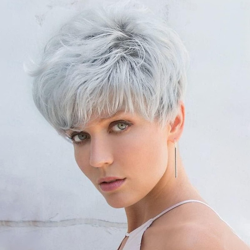 Short Grey Wigs Pixie Cut Wigs with White Bangs Straight Layered Synthetic Hair Wigs for Women (Grey Mixed White with White Bangs)2