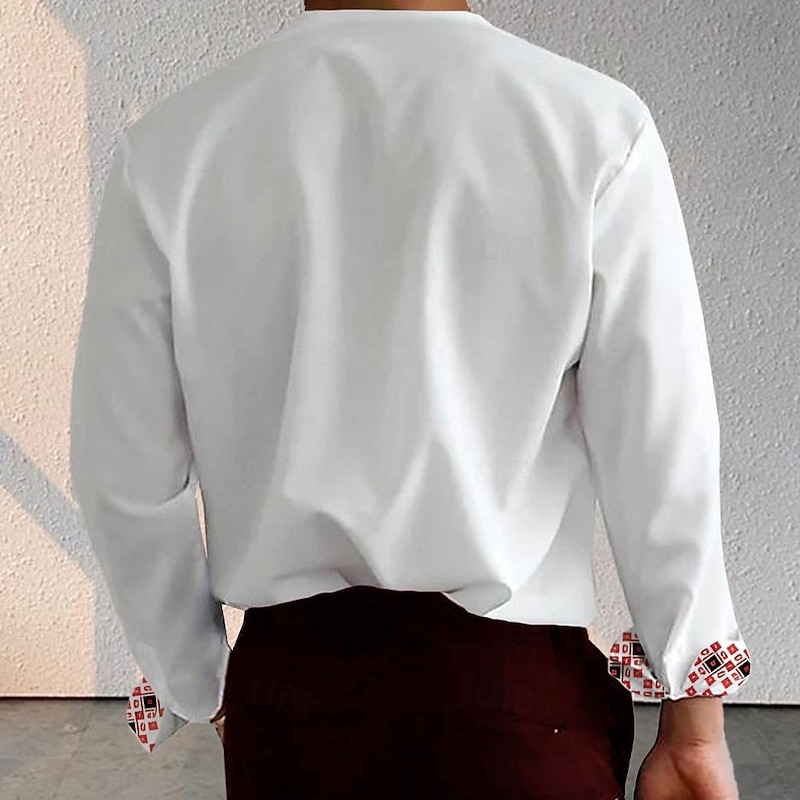 Men's Shirt Button Up Shirt Henley Shirt Long Sleeve Business Casual Formal Daily Summer Spring Fall Collarless V Neck Print White2