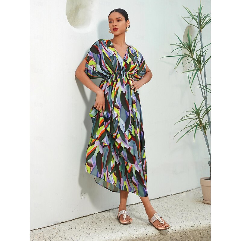 Plants Print V Neck Maxi Dress