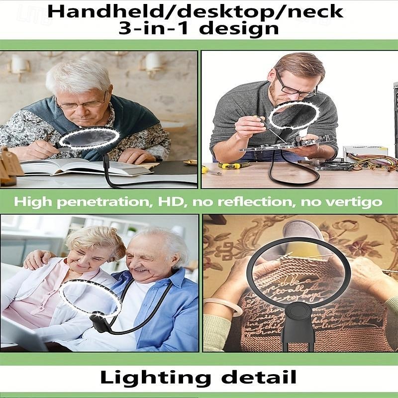 1pc Hands-Free Lighted Magnifier, Neck-Wearable Large Lens for Close Work, LED Illuminated Magnifying Glass for Reading, Sewing, Cross Stitching, with Type-C Magnetic Design3