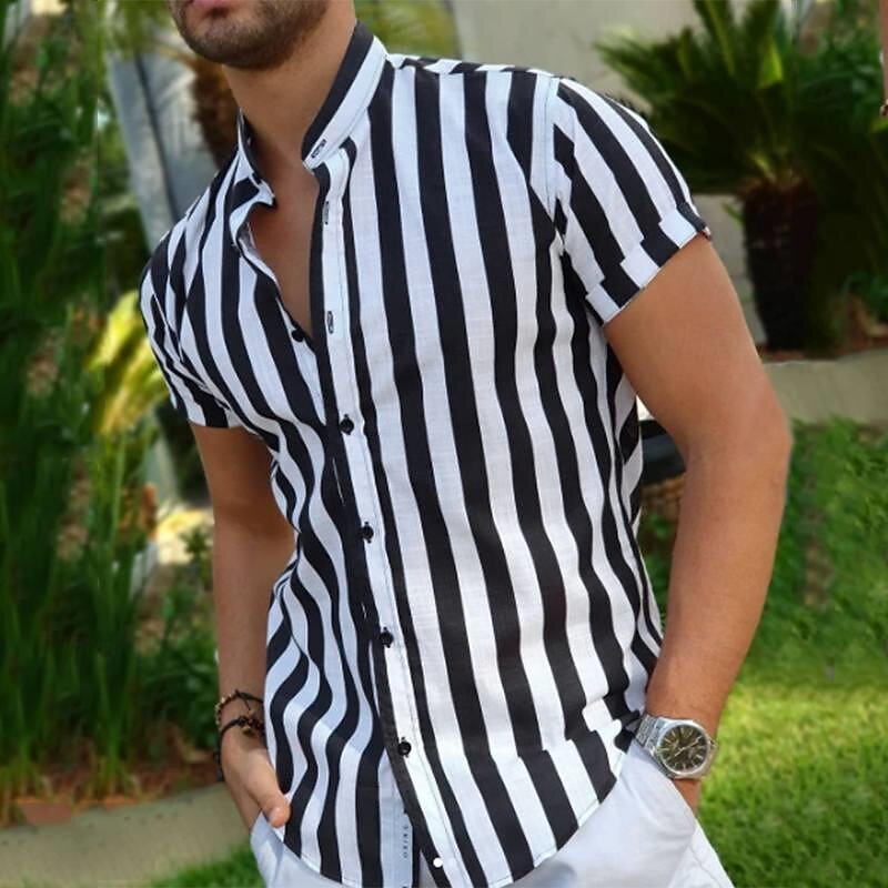 Men's Shirt Summer Shirt Casual Shirt Beach Shirt Button Up Shirt Striped Shirts Black Short Sleeve Stripes Grandad Collar Stand Collar Vacation Hawaiian Clothing Apparel Polyester Fashion Casual