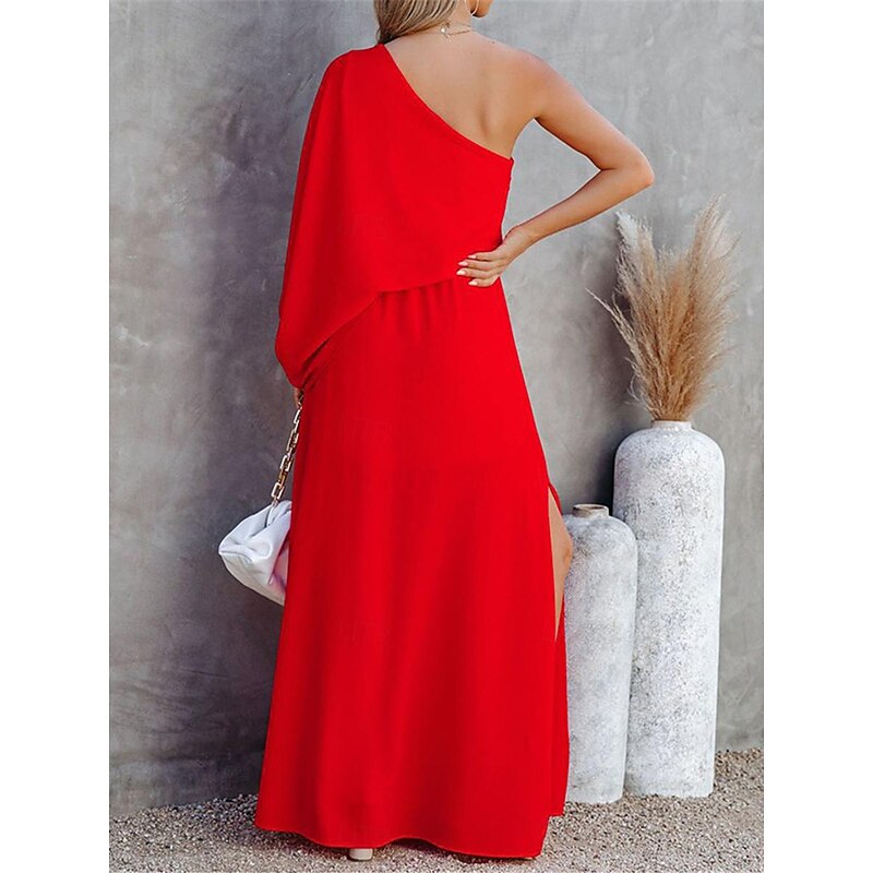 Women's Casual Dress Maxi Dress Split Vacation Streetwear Maxi One Shoulder 3/4 Length Sleeve Black Red Blue Color 7