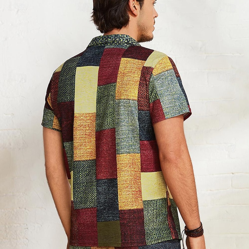 Men's Plaid Waffle Polo Shirts Golf Shirt Short Sleeve Polo Shirts Collared Shirts Vintage Casual Vacation Wear Formal Wear Festival Wear Buttons 3D Print Light Yellow Crystal / Orange Yellow2