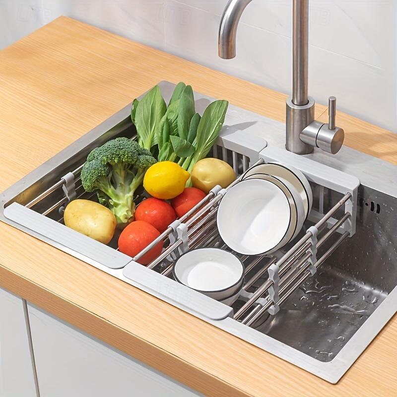 1pc Kitchen Sink Drain Rack Vegetable Sink Drain Basket Vegetable Washing Filter Rack Dishwashing Storage Rack Adjustable Pull-out Drain Rack Optional Size Multifunctional And Multi Scene Use