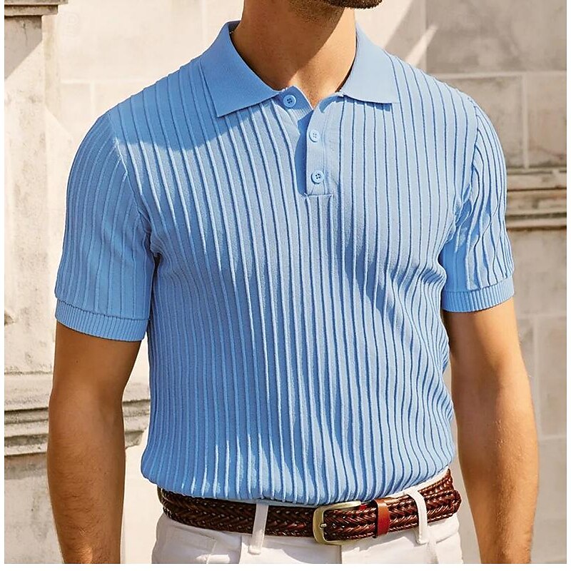 Men's Polo Golf Shirt Business Casual Ribbed Polo Collar Classic Short Sleeve Modern Old Money Style Color Block Knitted Ribbed Spring & Summer Regular Fit Light Blue Pink Green Polo2