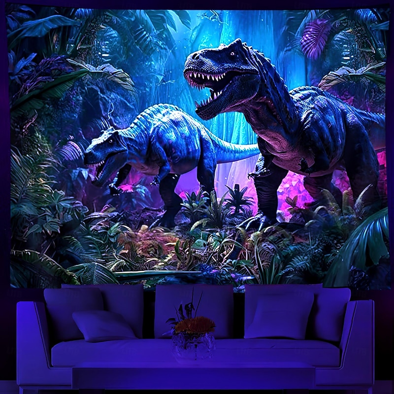 Blacklight Tapestry UV Reactive Glow in the Dark Glow Party Neon Dinasour Forest Nature Psychedelic Trippy Misty Hanging Tapestry Wall Art Mural for Living Room Bedroom