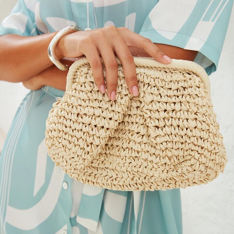 Women's Woven Straw Clutch with Chain Strap - Elegant Handcrafted Evening Bag2
