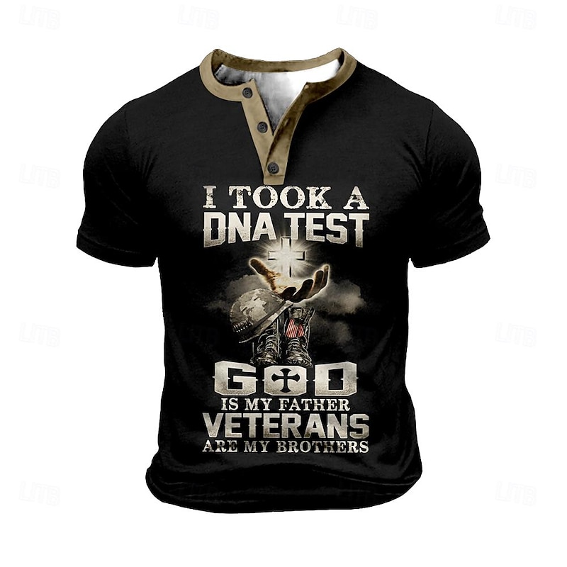 Men's Short Sleeve Henley Graphic T-Shirt: 'God Is My Father, Veterans Are My Brothers' Patriotic Veteran Family DNA Test Tee