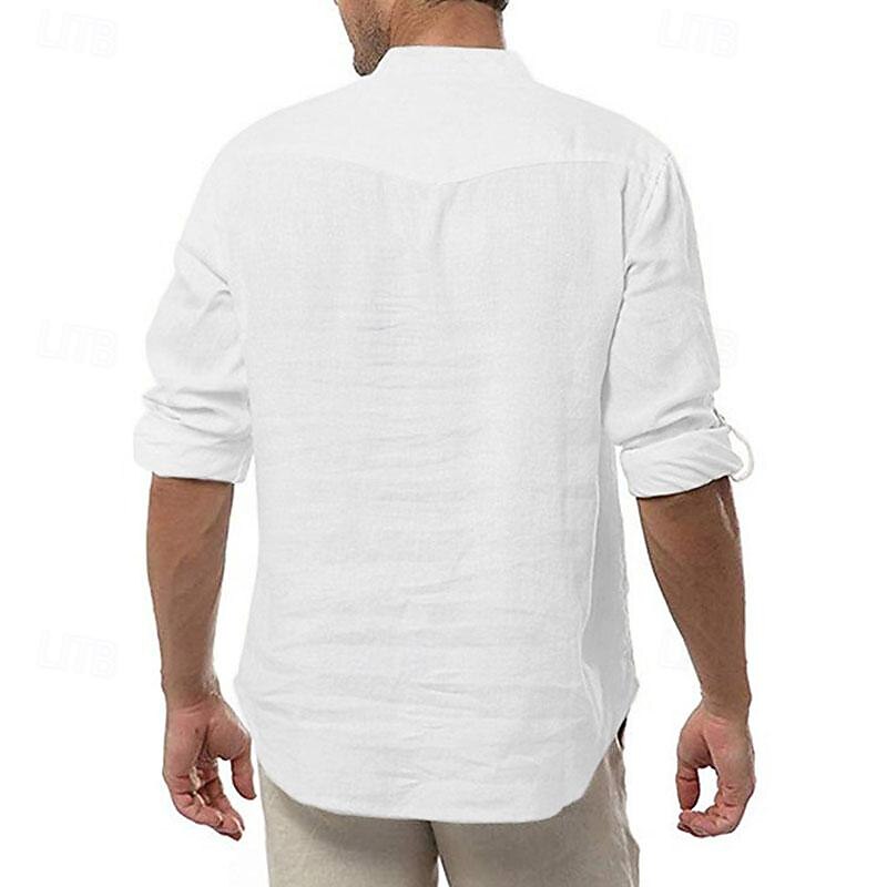 Men's Shirt Chinese Collar Shirt Mandarin Collar Shirt Popover Shirt Casual Shirt Cotton Shirt Plain Vacation Hawaiian Black White Long Sleeve Band Collar Spring &  Fall Clothing Apparel3