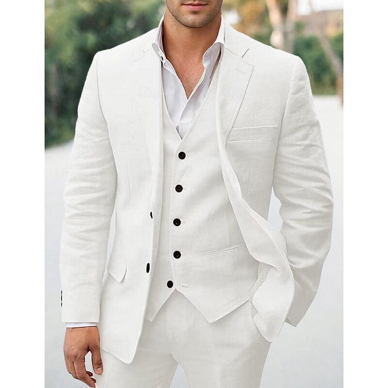 Men's Wedding Linen Suits White Sky Blue Solid Colored Tailored Fit 3 Piece Single Breasted Two-buttons - Main Image