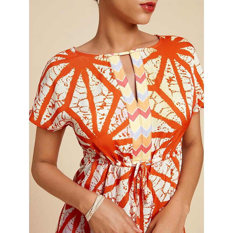 Satin Folk Drawstring Split Neck Midi Dress3