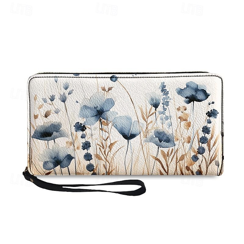 Women's Wallet Coin Purse PU Leather Shopping Daily Holiday Zipper Large Capacity Durable Flower Leaves White Blue4