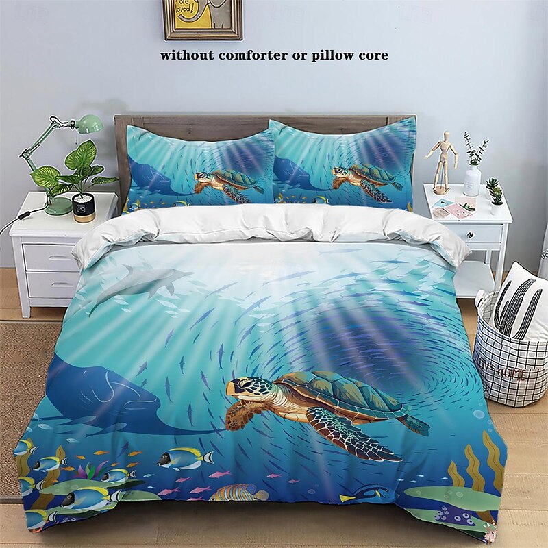 Underwater World Marine Creatures Sea Turtles Dolphins Octopus 3D printed 3pcs Down Duvet Cover Set for Hotels Bedrooms Guest Rooms and Luxury Bedding Comfy Set