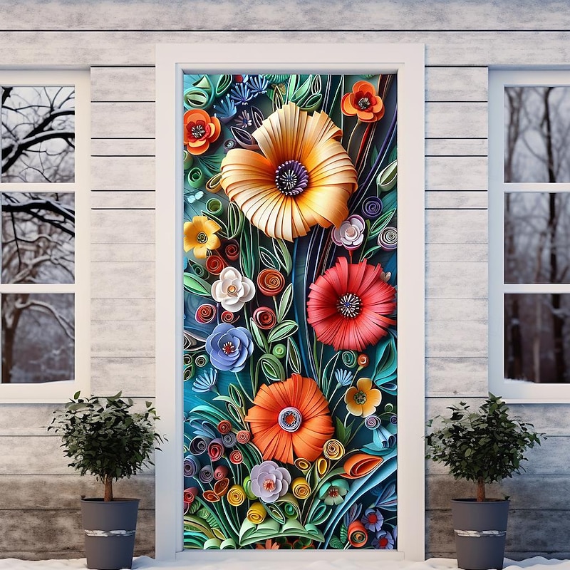 3D Floral Door Covers Mural Decor Door Tapestry Door Curtain Decoration Backdrop Door Banner Removable for Front Door Indoor Outdoor Home Room Decoration Farmhouse Decor Supplies4